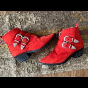 Red Western Buckle Booties - Nasty Gal